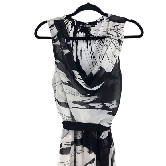 Express Chiffon Cowl Sleeveless Belted Knee Dress Color Blocked Floral Blk Sz M - Picture 5 of 11